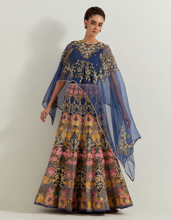 Midnight Blue Organza Resham And Sequin Embroidered Dupatta Cape And Skirt