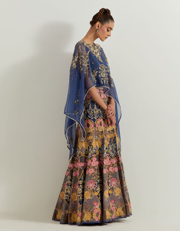 Midnight Blue Organza Resham And Sequin Embroidered Dupatta Cape And Skirt