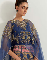 Midnight Blue Organza Resham And Sequin Embroidered Dupatta Cape And Skirt