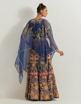 Midnight Blue Organza Resham And Sequin Embroidered Dupatta Cape And Skirt