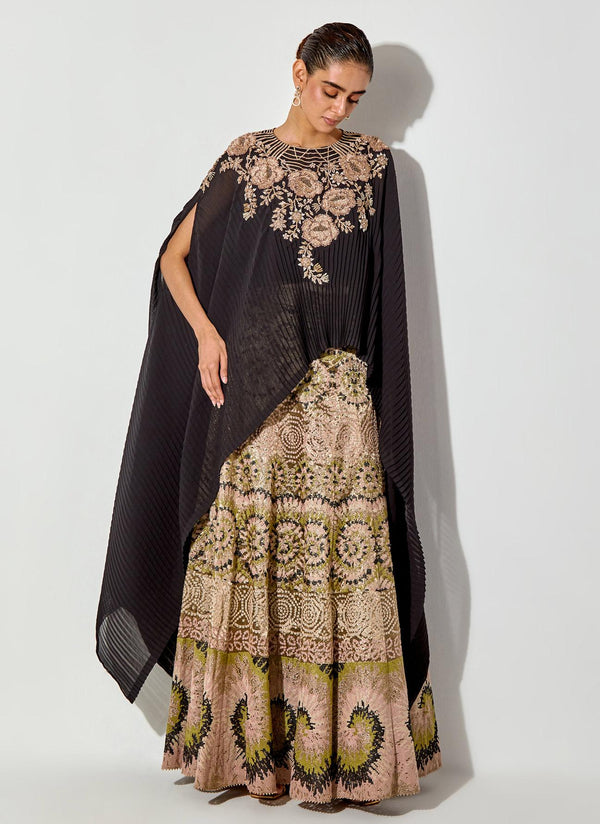 Black Tissue Cross Stitch Emrboidered Skirt Paired With Hand Embellished Crinkle Dupatta Cape