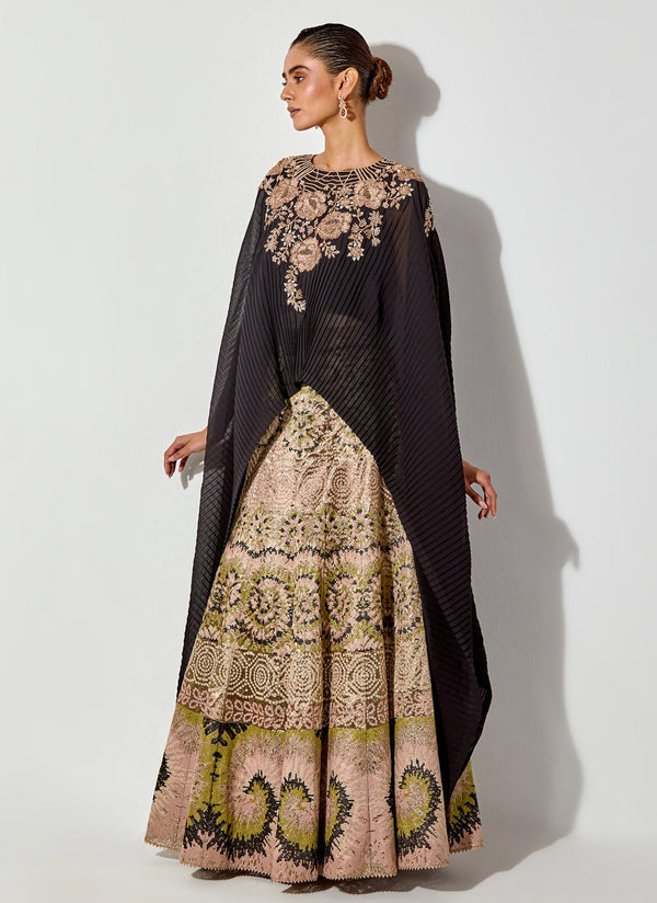 Black Tissue Cross Stitch Emrboidered Skirt Paired With Hand Embellished Crinkle Dupatta Cape