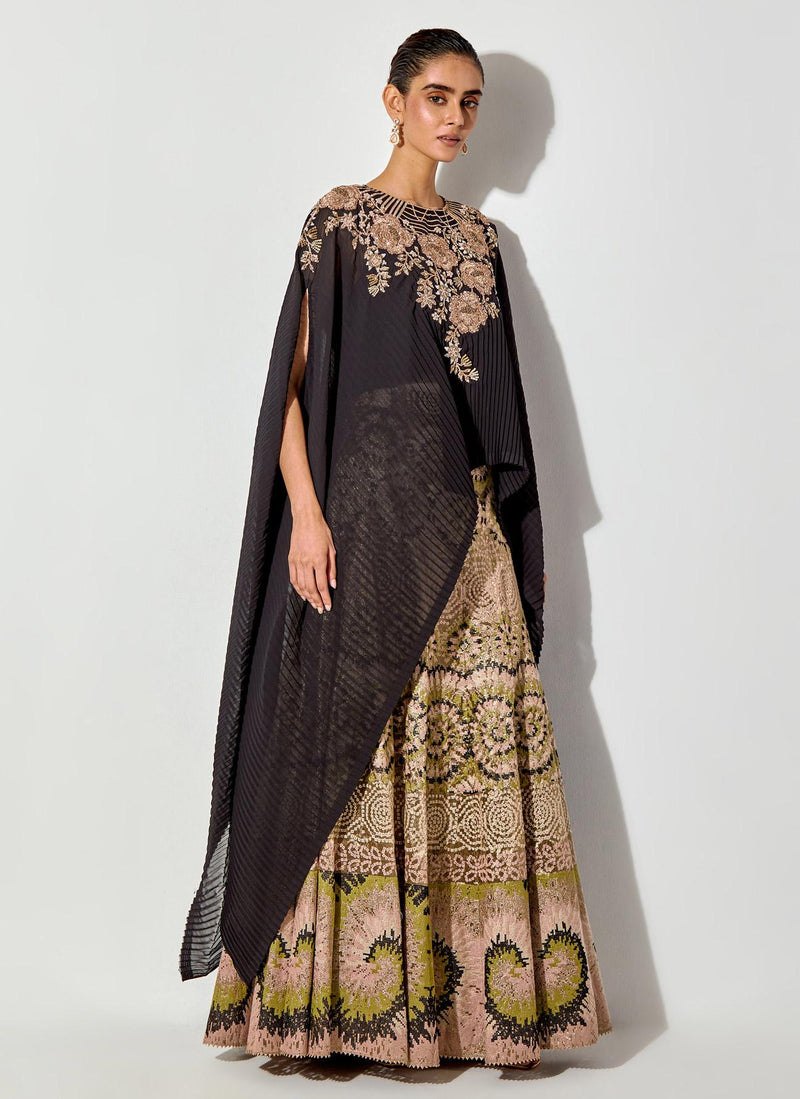 Black Tissue Cross Stitch Emrboidered Skirt Paired With Hand Embellished Crinkle Dupatta Cape