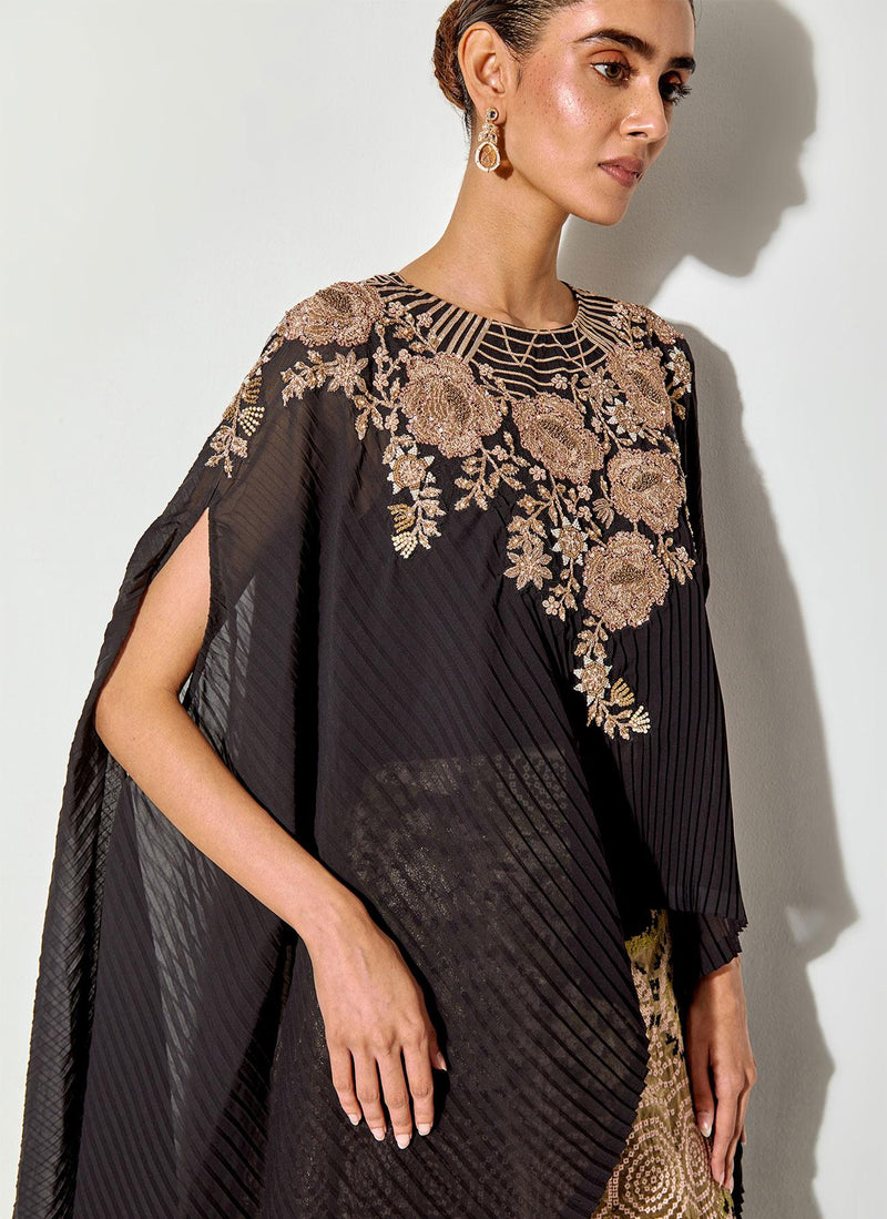 Black Tissue Cross Stitch Emrboidered Skirt Paired With Hand Embellished Crinkle Dupatta Cape