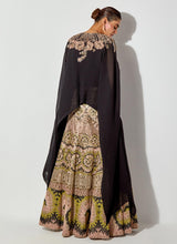 Black Tissue Cross Stitch Emrboidered Skirt Paired With Hand Embellished Crinkle Dupatta Cape