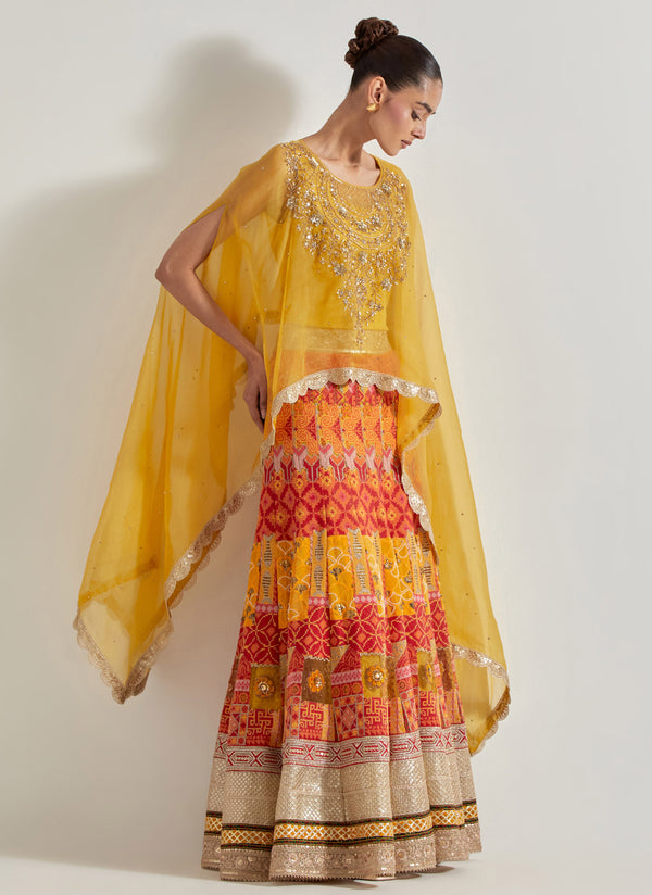 Yellow Sajawat Dupatta Cape Skirt Set