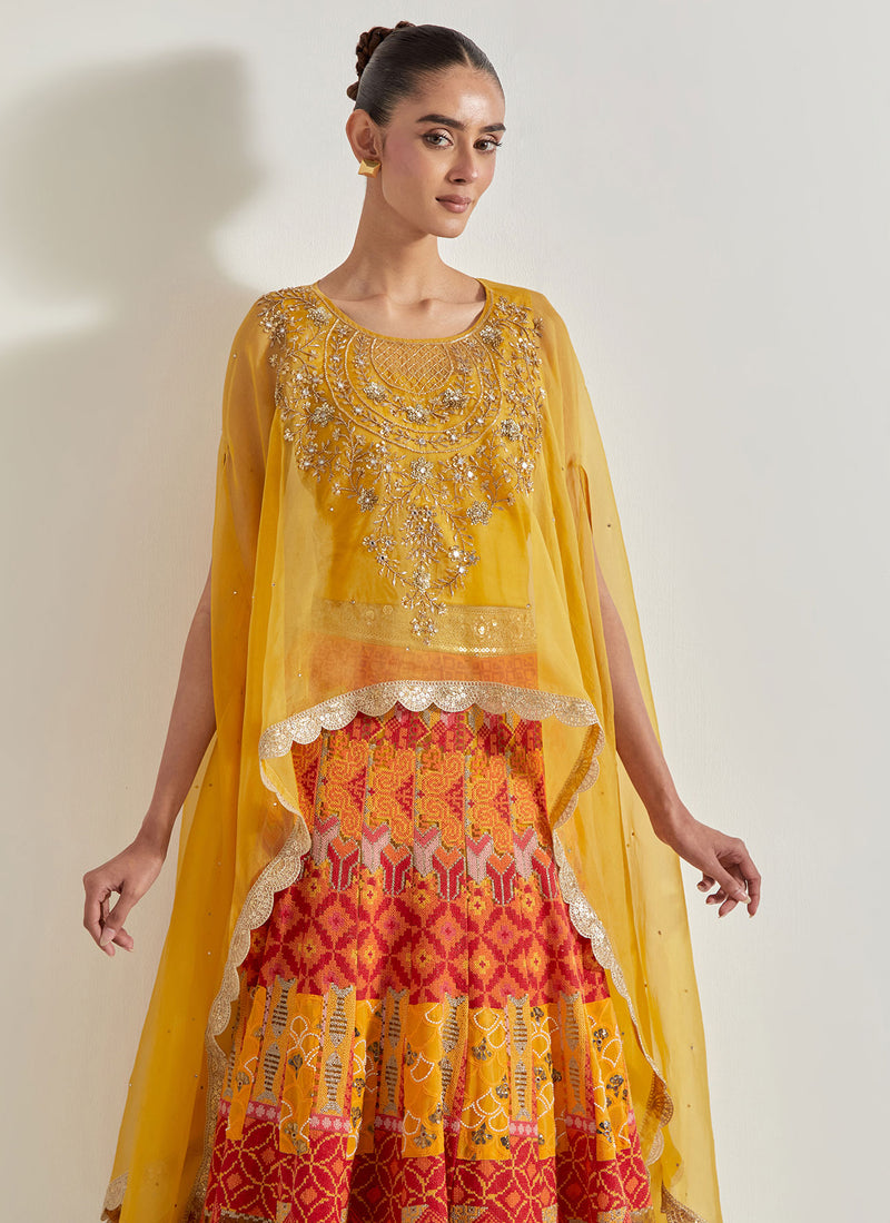 Yellow Sajawat Dupatta Cape Skirt Set