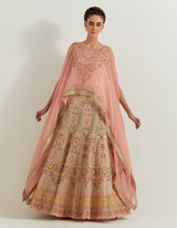 Pink Organza And Tissue Resham And Cutdana Sequin Embroidered Dupatta Cape And Skirt