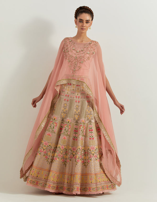 Pink Organza And Tissue Resham And Cutdana Sequin Embroidered Dupatta Cape And Skirt