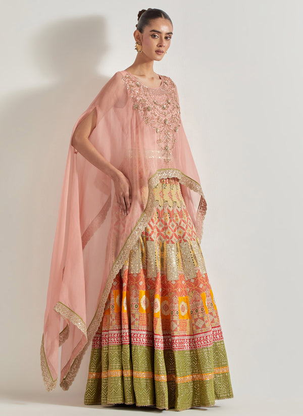 Pink Sajawat Dupatta Cape Skirt Set