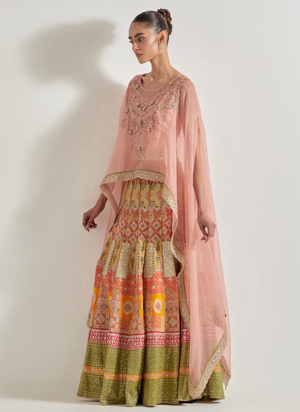 Pink Sajawat Dupatta Cape Skirt Set