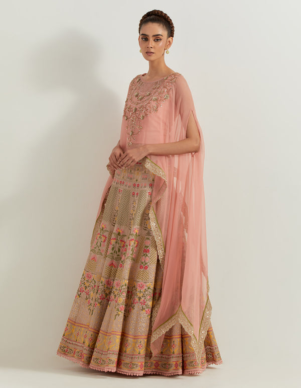 Pink Organza And Tissue Resham And Cutdana Sequin Embroidered Dupatta Cape And Skirt