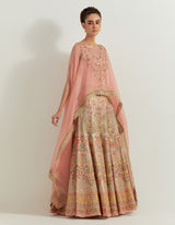 Pink Organza And Tissue Resham And Cutdana Sequin Embroidered Dupatta Cape And Skirt