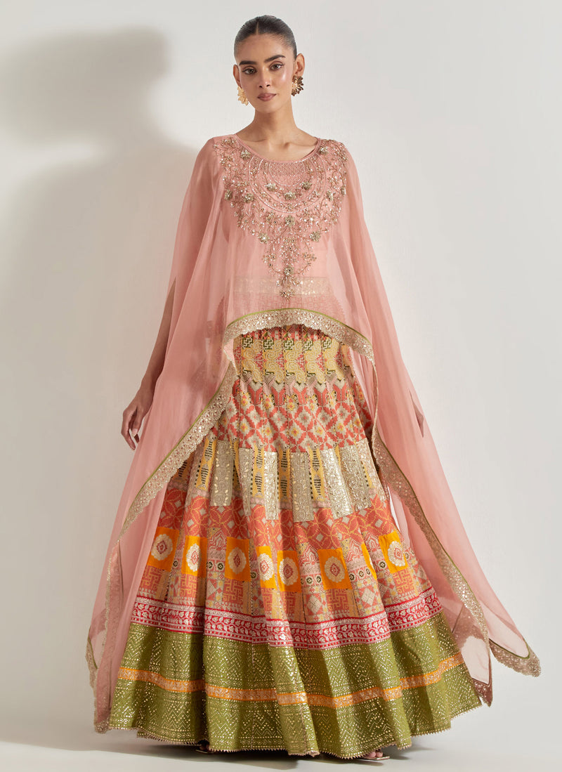 Pink Sajawat Dupatta Cape Skirt Set