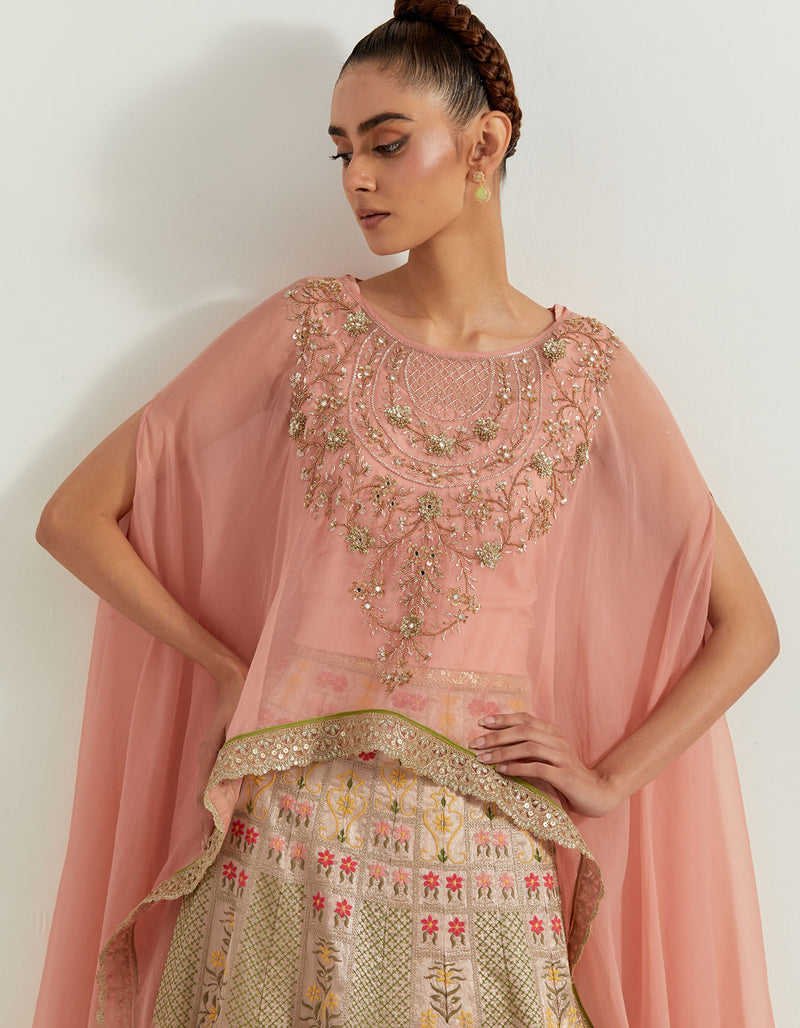 Pink Organza And Tissue Resham And Cutdana Sequin Embroidered Dupatta Cape And Skirt