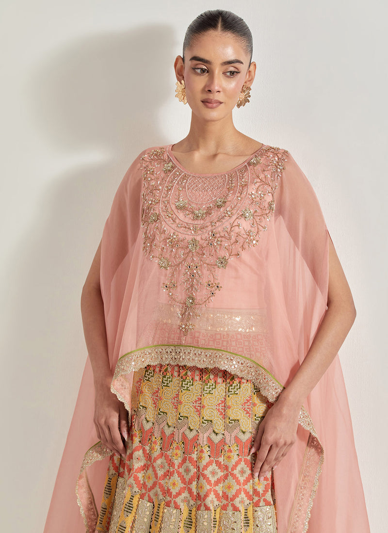 Pink Sajawat Dupatta Cape Skirt Set