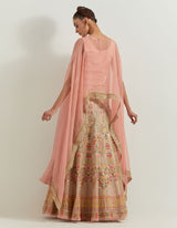 Pink Organza And Tissue Resham And Cutdana Sequin Embroidered Dupatta Cape And Skirt