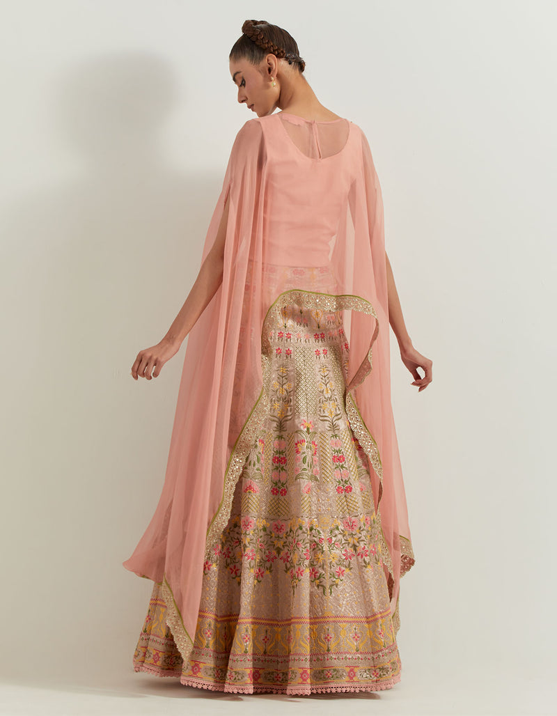 Pink Organza And Tissue Resham And Cutdana Sequin Embroidered Dupatta Cape And Skirt