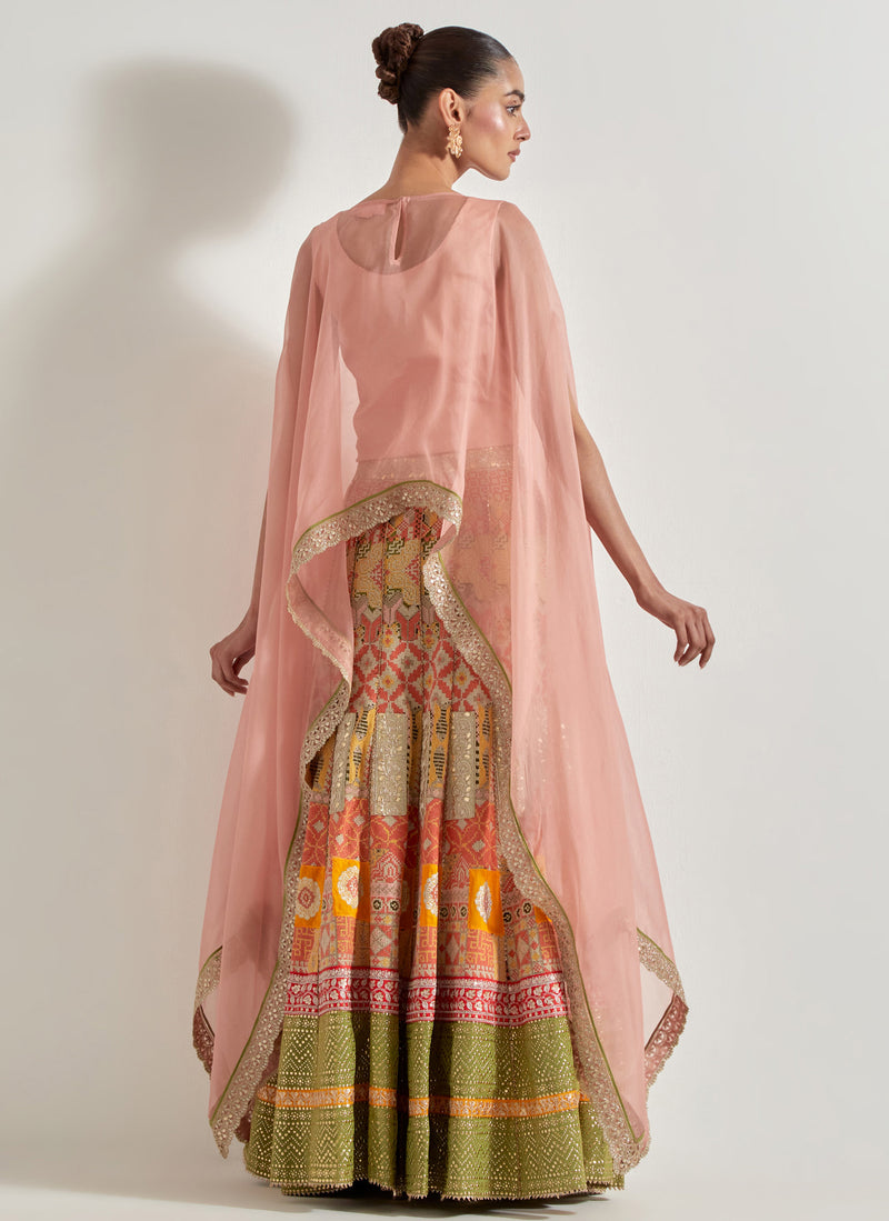 Pink Sajawat Dupatta Cape Skirt Set