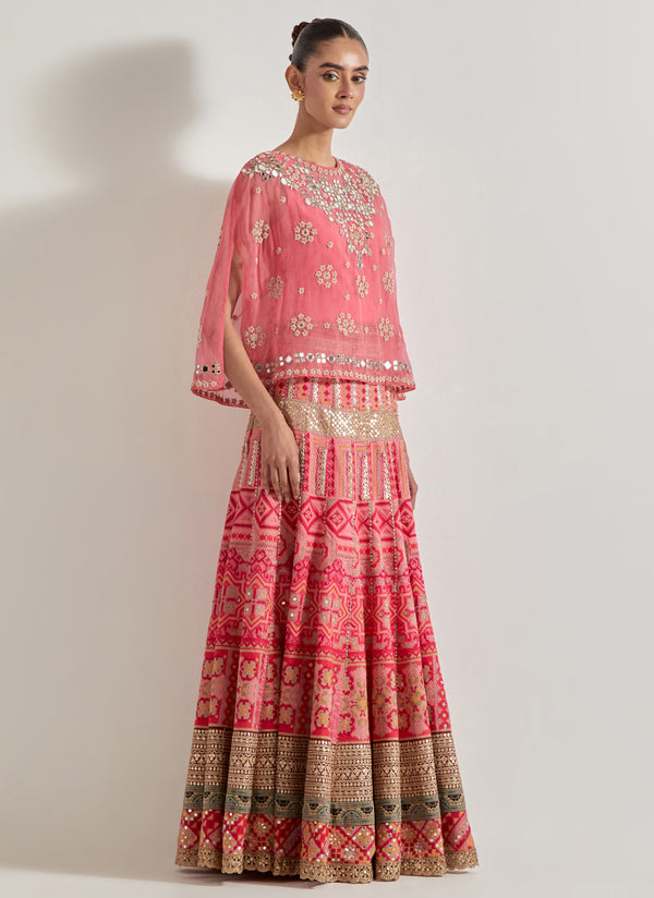Pink Sajawat Mirror Work Cape Paired With Embroidered Skirt