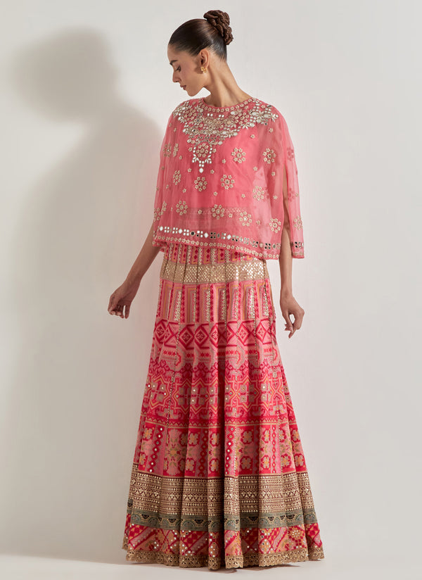 Pink Sajawat Mirror Work Cape Paired With Embroidered Skirt