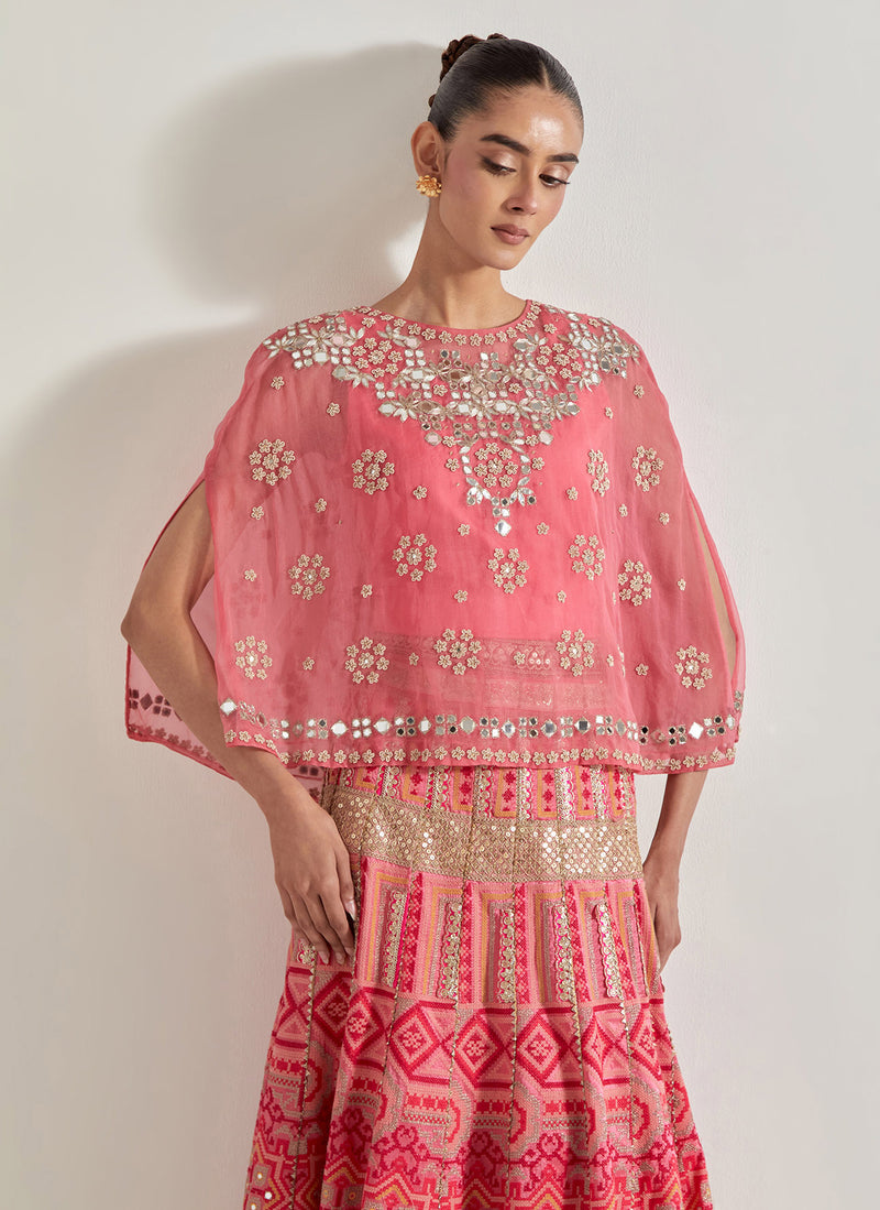 Pink Sajawat Mirror Work Cape Paired With Embroidered Skirt