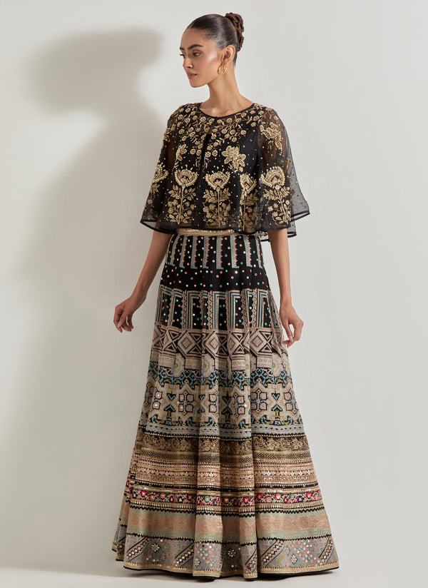 Black Hand Embellished Circular Cape Paired With Embroidered Organza Skirt