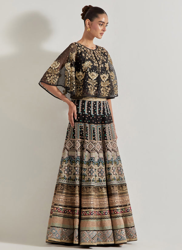 Black Hand Embellished Circular Cape Paired With Embroidered Organza Skirt