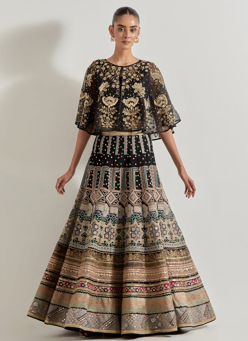 Black Hand Embellished Circular Cape Paired With Embroidered Organza Skirt