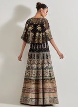 Black Hand Embellished Circular Cape Paired With Embroidered Organza Skirt