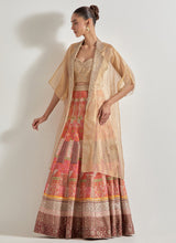 Gold Sajawat Long Tissue Embellished Cape Jacket Paired With Embroidered Skirt