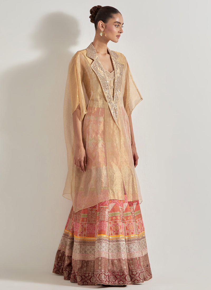 Gold Sajawat Long Tissue Embellished Cape Jacket Paired With Embroidered Skirt
