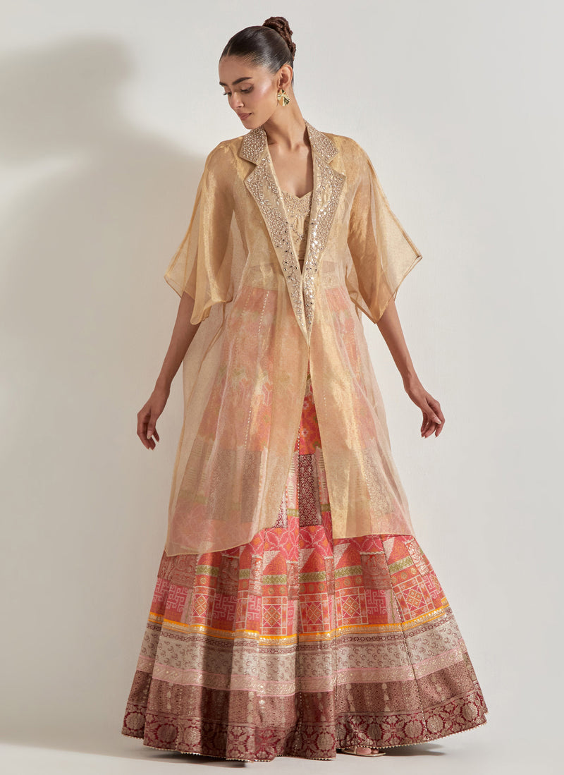 Gold Sajawat Long Tissue Embellished Cape Jacket Paired With Embroidered Skirt