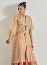 Gold Sajawat Long Tissue Embellished Cape Jacket Paired With Embroidered Skirt