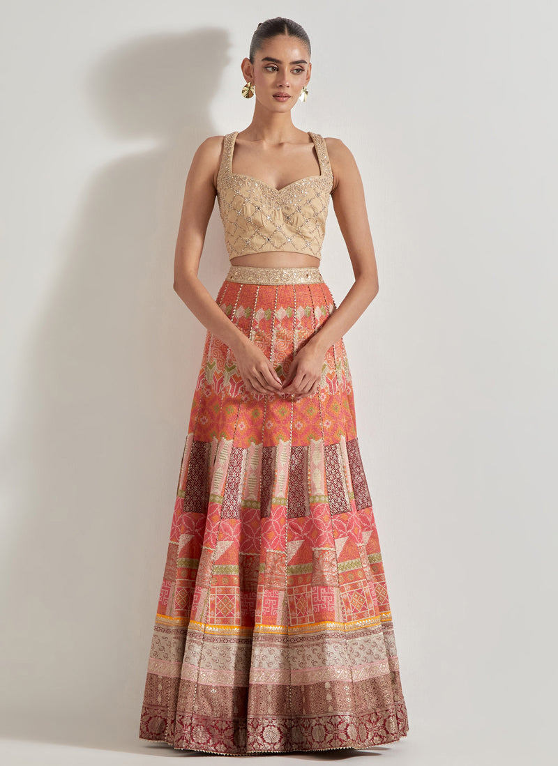 Gold Sajawat Long Tissue Embellished Cape Jacket Paired With Embroidered Skirt