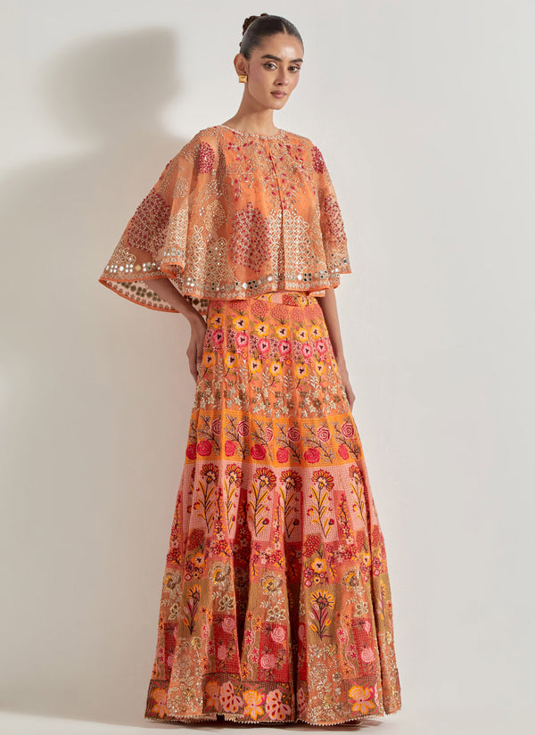 Orange Sajawat Circular Cape Skirt Set