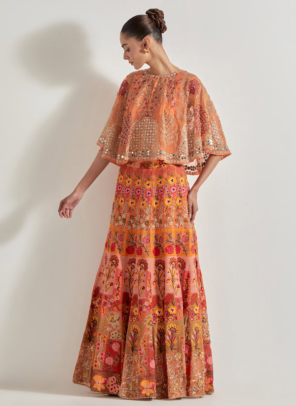 Orange Sajawat Circular Cape Skirt Set