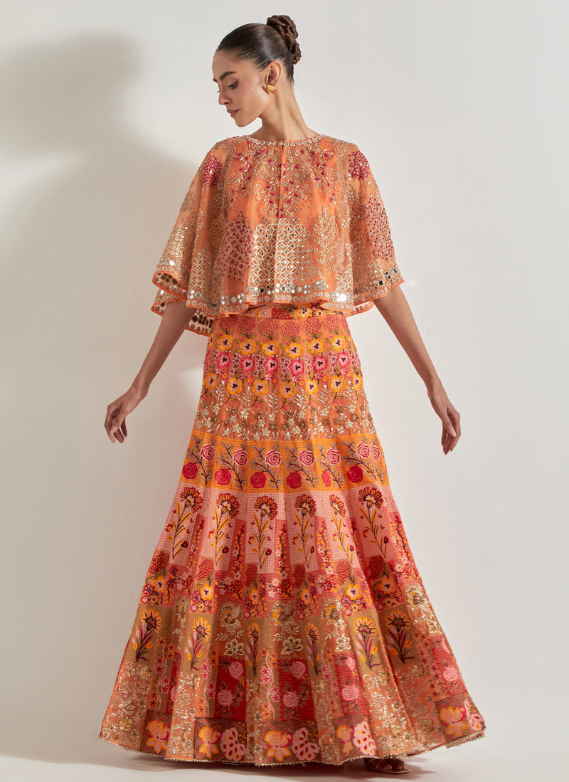 Orange Sajawat Circular Cape Skirt Set