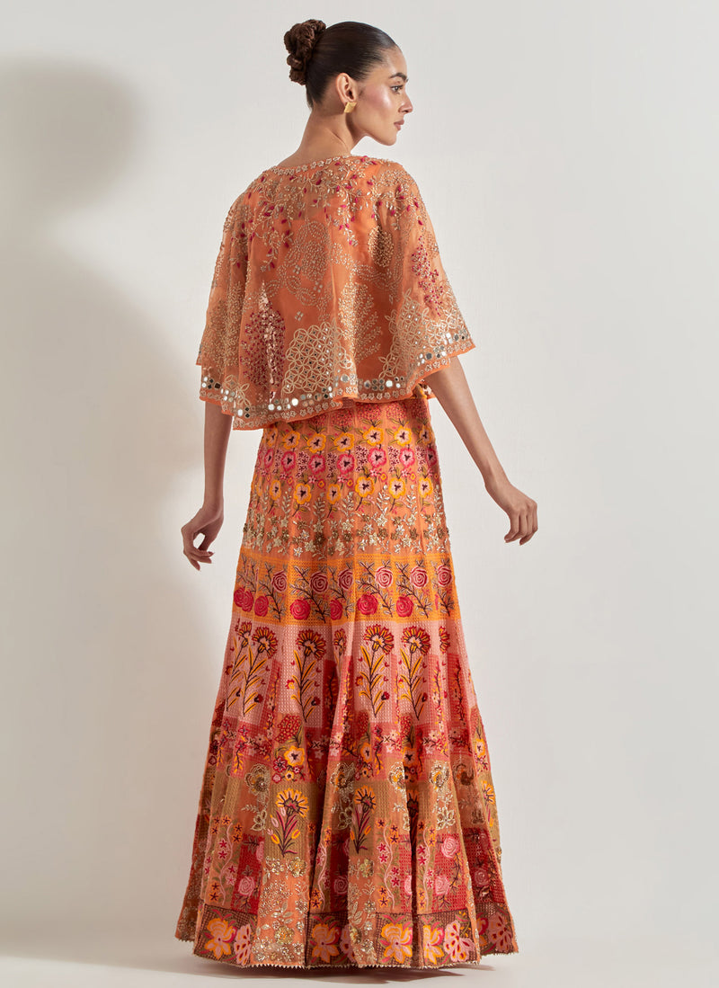 Orange Sajawat Circular Cape Skirt Set