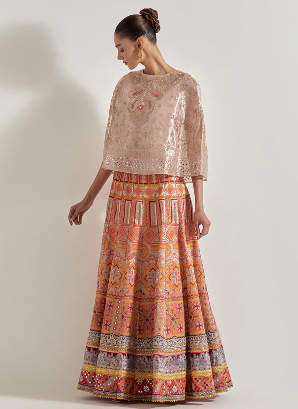 Pink Sajawat Tissue Hand Embellished Cape Paired With Embroidered Skirt