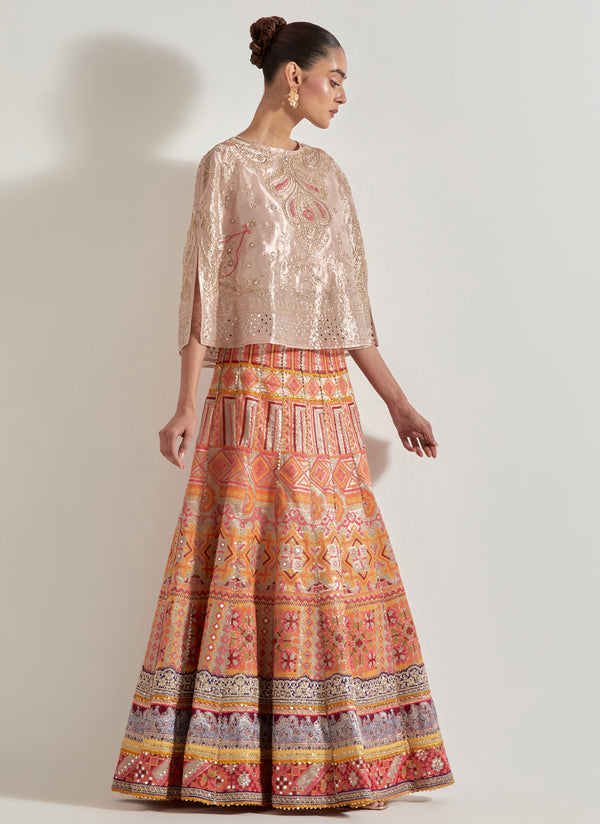 Pink Sajawat Tissue Hand Embellished Cape Paired With Embroidered Skirt