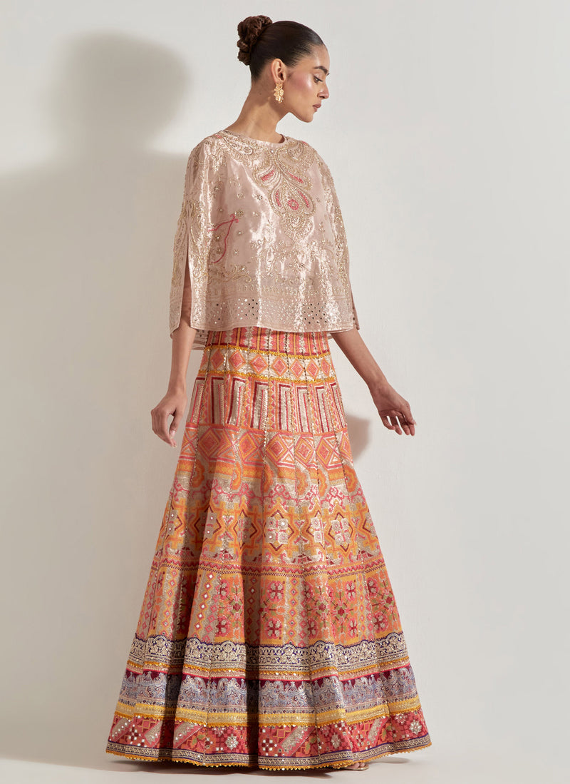 Pink Sajawat Tissue Hand Embellished Cape Paired With Embroidered Skirt