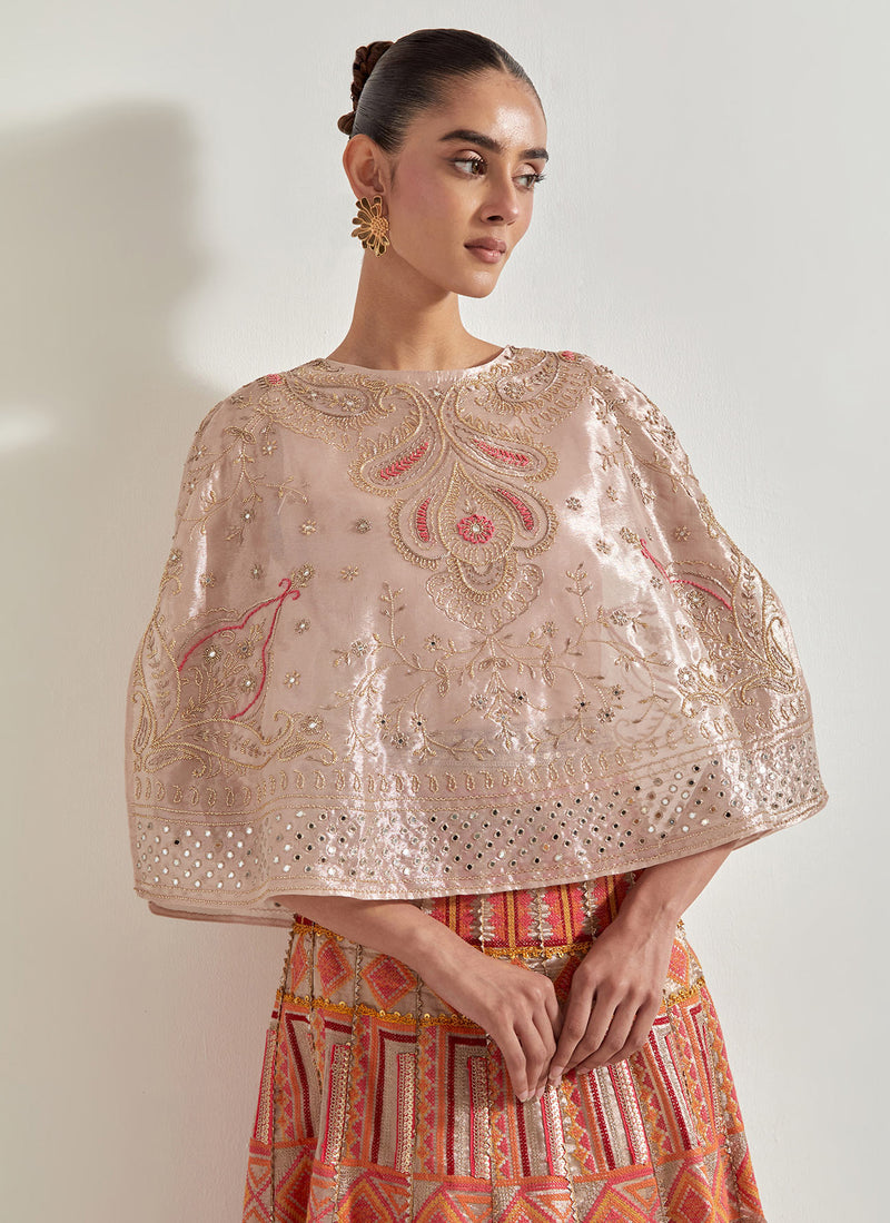 Pink Sajawat Tissue Hand Embellished Cape Paired With Embroidered Skirt