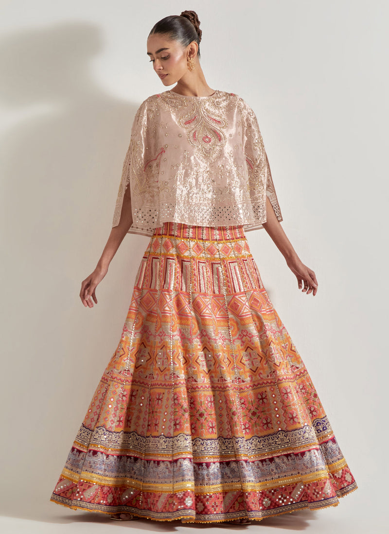 Pink Sajawat Tissue Hand Embellished Cape Paired With Embroidered Skirt