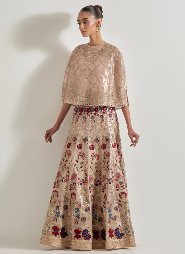 Pink Hand Embellished Tissue Cape Paired With Embroidered Skirt