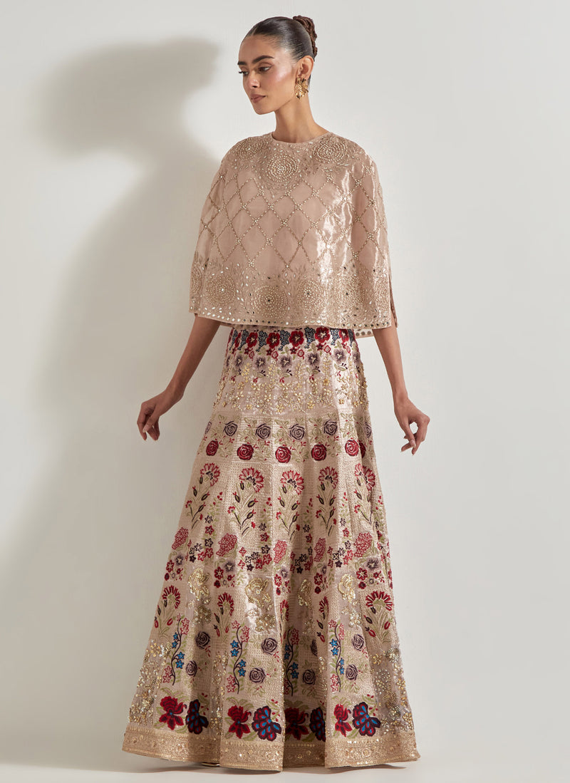 Pink Hand Embellished Tissue Cape Paired With Embroidered Skirt