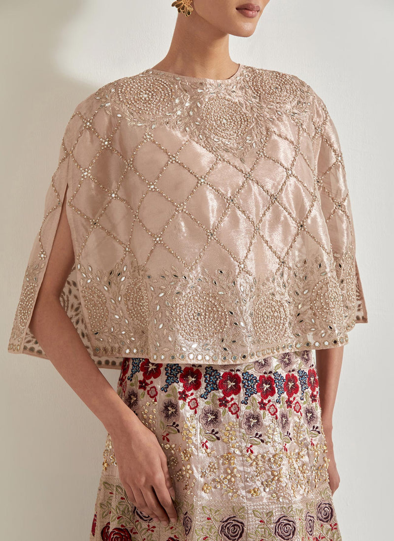 Pink Hand Embellished Tissue Cape Paired With Embroidered Skirt