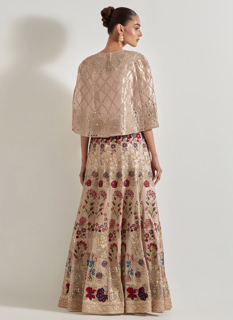 Pink Hand Embellished Tissue Cape Paired With Embroidered Skirt