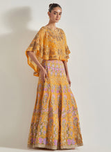 Yellow Sajawat Hand Embellished Circular Cape Paired With Embroidered Organza Sharara