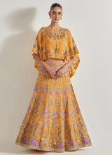 Yellow Sajawat Hand Embellished Circular Cape Paired With Embroidered Organza Sharara